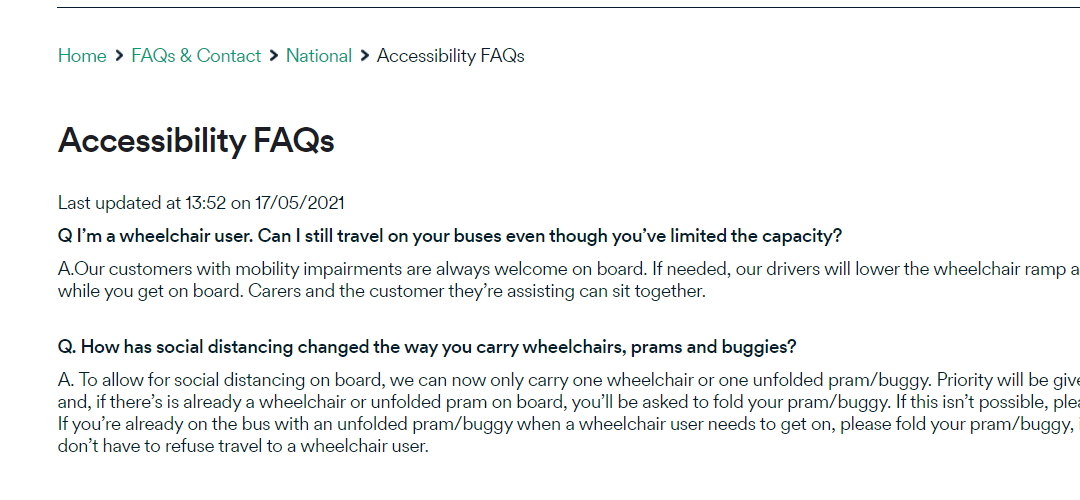 screenshot taken from stagecoach accessibility facts and question page focusing on wheelchair v prams.