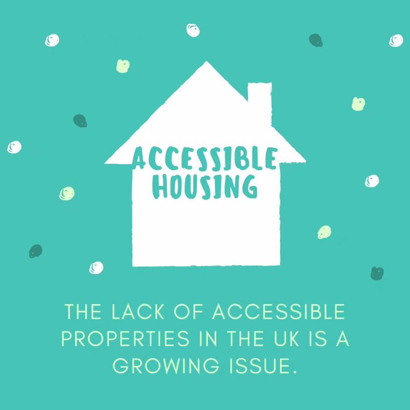 A teal background with sporadic white and blue dots, A white simple house outline with the words Accessible Housing across it in teal. Below in pale green are the words 'The lack of accessible properties in the UK is a growing issue'